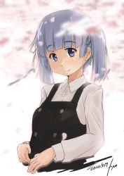Rule 34 | 1girl, blunt bangs, blurry, brown eyes, dated, depth of field, dress, flower, fyuo, grey hair, highres, kantai collection, long sleeves, ooshio (kancolle), pinafore dress, school uniform, shirt, short twintails, signature, sleeveless, sleeveless dress, smile, solo, twintails, upper body, white shirt