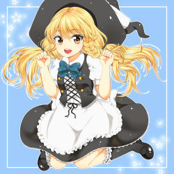 Rule 34 | 1girl, apron, black skirt, black socks, black vest, blonde hair, blue background, blue bow, border, bow, braid, commentary request, eyelashes, frilled socks, frills, hat, jumping, kirisame marisa, kneehighs, long hair, looking at viewer, low twintails, mary janes, open mouth, paw pose, shoes, side braid, single braid, skirt, skirt set, socks, solo, star (symbol), starry background, toraneko0128, touhou, twintails, vest, waist apron, witch hat, yellow eyes