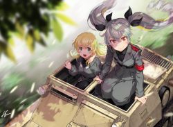 Rule 34 | 2girls, anchovy (girls und panzer), anzio military uniform, aqua hair, armband, belt, blonde hair, blurry, blurry foreground, bow, carpaccio (girls und panzer), carro veloce cv-33, drill hair, from above, girls und panzer, green eyes, hair bow, hatch, kws, leaf, looking at viewer, military, military vehicle, motor vehicle, multiple girls, open mouth, red eyes, sam browne belt, signature, sitting, smile, tank, twin drills, twintails