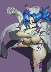 Rule 34 | 1girl, bathsalts, blue hair, breasts, choker, cleavage, coat, coat on shoulders, gloves, hair over one eye, hat, highres, lab coat, large breasts, latex, latex gloves, legs apart, looking at viewer, mask, mouth mask, nurse cap, ponytail, purple background, red eyes, shuriken, skullgirls, solo, surgical mask, thick thighs, thighs, unaligned breasts, valentine (skullgirls), weapon
