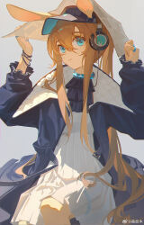 Rule 34 | 1girl, amiya (arknights), amiya (newsgirl) (arknights), animal ears, arknights, ascot, black ascot, black coat, blue eyes, brown hair, chinese commentary, coat, commentary request, cowboy shot, dress, ears through headwear, grey background, hair between eyes, headphones, highres, holding, holding newspaper, implied extra ears, jewelry, knee up, long hair, looking at viewer, multiple bracelets, multiple rings, necklace, newspaper, open clothes, open coat, paper on head, ponytail, rabbit ears, rabbit girl, ring, simple background, smile, solo, very long hair, visor cap, weibo watermark, white dress, yuyumu