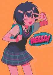 Rule 34 | 1girl, ;d, animification, backpack, bag, black hair, brown eyes, commentary, highres, looking at viewer, marvel, menma (enaic31), necktie, one eye closed, open mouth, peni parker, pleated skirt, school uniform, shirt, short hair, short sleeves, skirt, smile, solo, speech bubble, spider-man: into the spider-verse, spider-man (series), spider-verse, sweater vest, v, white shirt