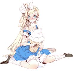 Rule 34 | 1girl, blonde hair, blue eyes, blush, bow, character request, dress, endou okito, food, full body, glasses, hair bow, hair ribbon, ice cream, ice cream cone, long hair, melting, off shoulder, ribbon, shoes, simple background, sitting, soft serve, solo, very long hair, wariza, white background