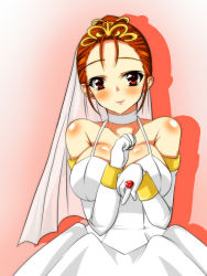 Rule 34 | 1girl, alternate hairstyle, bare shoulders, blush, breasts, bridal veil, bride, brown hair, choker, cleavage, dragon quest, dragon quest viii, dress, elbow gloves, gloves, gradient background, hair up, head tilt, jessica albert, jewelry, large breasts, looking at viewer, ornate ring, red eyes, red hair, ring, shimu (kichune), shiny skin, smile, solo, spoilers, tiara, veil, wedding dress, wedding ring