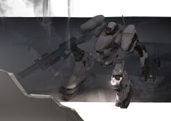 Rule 34 | armored core, armored core 6, assault rifle, full body, gun, highres, holding, holding gun, holding weapon, loader 4, mecha, mecha focus, no humans, one-eyed, rifle, riio, robot, rubble, science fiction, standing, weapon, yellow eyes