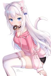 Rule 34 | 1girl, animal ear fluff, animal ears, bell, black choker, black shorts, blue bow, blue eyes, bow, breasts, cat ears, cat girl, cat tail, choker, cleavage, commentary, double bun, doughnut, drawstring, english commentary, feet out of frame, flower, food, food in mouth, hair between eyes, hair bow, hair bun, hair flower, hair ornament, highres, hood, hood down, hoodie, jingle bell, lace-trimmed shorts, lace trim, leaning forward, long hair, long sleeves, medium breasts, mouth hold, nami (nyaa), neck bell, original, pink flower, pink hoodie, puffy long sleeves, puffy sleeves, short shorts, shorts, sitting, sleeves past wrists, solo, tail, tail raised, thighhighs, thighs, very long hair, watermark, web address, white hair, white thighhighs