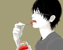 Rule 34 | 1boy, black hair, bruise, closed eyes, dripping, eating, from side, glasses, grey-framed glasses, injury, jar, male focus, oekaki, original, re:i, simple background, solo, spoon, spot color, tan background, tongue, tongue out, upper body