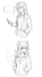 Rule 34 | 2girls, animal ears, beanie, blank speech bubble, candy, cellphone, closed eyes, collarbone, collared jacket, collared shirt, ears through headwear, female trainer (umamusume), food, food in mouth, hair between eyes, hand in pocket, hands in pockets, hat, highres, holding, holding phone, horse ears, horse girl, horse tail, jacket, lollipop, long hair, long sleeves, monochrome, multiple girls, nakayama festa (umamusume), phone, purple eyes, seung-aeja, shirt, smartphone, speech bubble, sweat, tail, tail raised, tracen training uniform, track jacket, track suit, umamusume, white background