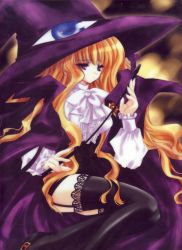 Rule 34 | 00s, 1girl, black thighhighs, blonde hair, cape, carnelian, garter straps, hat, lilith (yamibou), long hair, mary janes, official art, pencil skirt, purple eyes, ribbon, riding crop, sad, shoes, skirt, solo, thighhighs, very long hair, witch hat, yami to boushi to hon no tabibito, zettai ryouiki