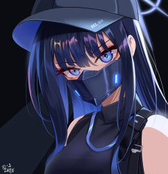 Rule 34 | 1girl, 82jhin, absurdres, bare shoulders, baseball cap, black background, black shirt, blue archive, blue eyes, blue hair, blue hat, breasts, commentary request, hat, highres, large breasts, long hair, looking at viewer, mask, mouth mask, saori (blue archive), shirt, simple background, sleeveless, sleeveless shirt, solo, upper body