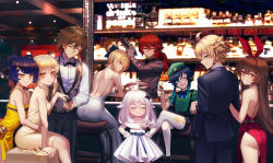 Rule 34 | 4boys, 6+girls, aether (genshin impact), alcohol, amber (genshin impact), ass, backless dress, backless outfit, bar (place), blush, breasts, closed eyes, crossed legs, cup, diluc (genshin impact), dress, drinking glass, freze, genshin impact, guoba (genshin impact), halo, hands on own hips, highres, holding another&#039;s arm, hug, hug from behind, jean (genshin impact), looking at viewer, looking back, lumine (genshin impact), multiple boys, multiple girls, paimon (genshin impact), sitting, smile, tuxedo, venti (genshin impact), xiangling (genshin impact), zhongli (genshin impact)