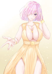 Rule 34 | 1girl, absurdres, breasts, cleavage, dress, fate/grand order, fate (series), highres, jewelry, kueru 1285, large breasts, mash kyrielight, necklace, one eye covered, pink eyes, pink hair, short hair, simple background, yellow dress