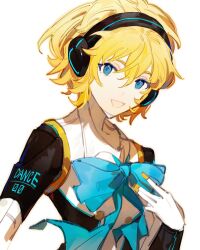 Rule 34 | 1girl, :d, absurdres, aegis (persona), android, black dress, blonde hair, blue bow, blue eyes, blue ribbon, bow, buttons, collared dress, dress, headphones, highres, hikawayunn, joints, looking at viewer, official alternate costume, open mouth, persona, persona 3, persona 3: dancing moon night, persona dancing, ribbon, robot ears, robot joints, short hair, simple background, sketch, smile, solo, two-tone dress, white background, white dress