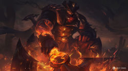 Rule 34 | 1boy, alternate costume, artist logo, axe, bad source, beard, biceps, boots, darius (league of legends), facial hair, fire, flaming hand, gloves, glowing, glowing eyes, glowing weapon, hand on own knee, hat, high noon darius, jacket, knee pads, league of legends, leather, leather belt, leather boots, leather gloves, leather jacket, looking to the side, male focus, manly, mature male, muscular, muscular male, night, night sky, official art, one eye covered, outdoors, pants, scarf, shoulder pads, sitting, sky, slit pupils, solo, sparks, spread legs, weapon, west studio, yellow eyes