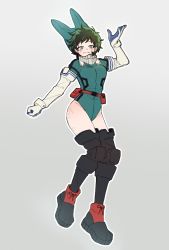 Rule 34 | 1girl, arm up, armored boots, belt, black footwear, body freckles, boku no hero academia, boots, breasts, elbow gloves, freckles, genderswap, genderswap (mtf), gloves, green eyes, green hair, green leotard, grey background, highres, leotard, mask, medium breasts, midoriya izuku, mouth mask, nyallum, outline, pouch, short hair, simple background, smile, solo, white gloves, white outline