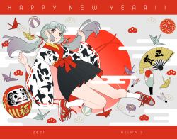 Rule 34 | 1girl, 2021, acubi tomaranai, animal print, black skirt, bug, cow print, daruma doll, egasumi, grey hair, hand fan, hands up, happy new year, highres, long hair, long sleeves, new year, origami, original, paper crane, parted lips, pleated skirt, red ribbon, ribbon, ribbon trim, shoes, skirt, socks, solo, spinning top, twintails, white socks, wide sleeves, yellow eyes