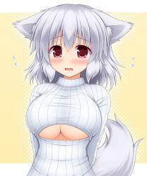 Rule 34 | 1girl, animal ears, blush, breasts, cleavage cutout, clothing cutout, fang, flying sweatdrops, halftone, halftone background, inubashiri momiji, large breasts, long sleeves, looking at viewer, md5 mismatch, meme attire, nagana sayui, open-chest sweater, open mouth, pink eyes, ribbed sweater, solo, sweater, tail, touhou, turtleneck, underboob, underboob cutout, upper body, wolf ears, wolf tail, you&#039;re doing it wrong
