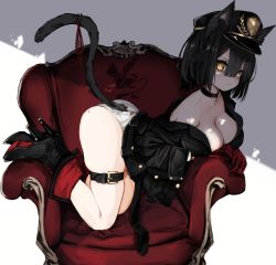 Rule 34 | 1girl, animal ear fluff, animal ears, bob cut, boots, breasts, cat ears, cat girl, cat tail, chair, cleavage, collar, from side, gloves, hair between eyes, hat, high heels, jacket, mole, mole on breast, narue, peaked cap, skindentation, solo, tail, thigh strap