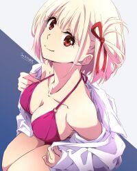 Rule 34 | 1girl, bikini, blonde hair, breasts, cleavage, closed mouth, collarbone, dated, hair ribbon, highres, large breasts, lycoris recoil, nii manabu, nishikigi chisato, off shoulder, one side up, open clothes, open shirt, purple bikini, red eyes, ribbon, short hair, signature, sitting, smile, solo, swimsuit, thighs, undressing