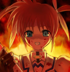 Rule 34 | 00s, 1girl, 40010prototype, blood, blood on face, blood stain, blue eyes, fingerless gloves, fire, gloves, hair ribbon, looking at viewer, lyrical nanoha, magical girl, mahou shoujo lyrical nanoha, mahou shoujo lyrical nanoha a&#039;s, open mouth, purple eyes, raising heart, red hair, ribbon, smile, solo, takamachi nanoha, twintails, white devil