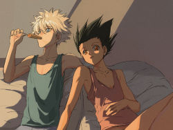 Rule 34 | 2boys, bare arms, bare shoulders, black hair, blue eyes, blue tank top, brown eyes, casual, child, food, gon freecss, highres, hunter x hunter, k.g (matsumoto zo), killua zoldyck, leaning to the side, looking to the side, male focus, messy hair, multiple boys, pink tank top, popsicle, short hair, skinny, spiked hair, sunlight, tank top, upper body, white hair