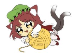Rule 34 | 1girl, :3, animal ear fluff, animal ears, artist name, bloomers, brown hair, cat ears, cat tail, chen, chibi, dress, frilled dress, frilled sleeves, frills, full body, green hat, grey tail, hat, long sleeves, lying, mob cap, multiple tails, on side, red dress, red footwear, retro artstyle, short hair, simple background, skullchimes, solo, tail, tail raised, touhou, twitter username, two tails, underwear, white background, white bloomers, white legwear, white sleeves, wool, yarn, yarn ball, yellow eyes