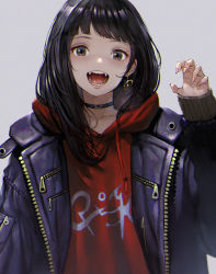 Rule 34 | 1girl, black choker, black hair, black jacket, brown eyes, choker, claw pose, clothes writing, collarbone, commentary request, drawstring, fangs, film grain, grey background, hand up, hisahisahisahisa, hood, hood down, hoodie, jacket, long hair, long sleeves, looking at viewer, md5 mismatch, open clothes, open jacket, open mouth, original, red hoodie, resolution mismatch, simple background, sleeves past wrists, solo, source larger, upper body