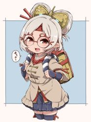 Rule 34 | 1girl, bag, blush, child, hair ornament, hairband, highres, looking at viewer, nintendo, open mouth, pointy ears, purah, red-framed eyewear, red eyes, skirt, speech bubble, text focus, the legend of zelda, the legend of zelda: breath of the wild, thighhighs, translation request, white hair, yokoyoko (nazonazo)