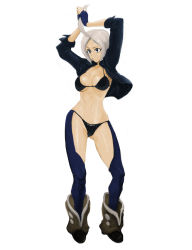 Rule 34 | 1girl, adjusting hair, ahoge, angel (kof), bikini, black bikini, boots, breasts, chaps, fingerless gloves, gloves, highres, jacket, matazou.w, open clothes, open jacket, short hair, silver hair, sleeves rolled up, snk, solo, swimsuit, the king of fighters, thighhighs, thighs, underboob, watanabe matazou