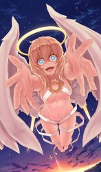 Rule 34 | 1girl, :d, absurdres, angel, angel wings, barefoot, blonde hair, blue eyes, breasts, clothing request, cloud, commentary request, crazy eyes, dawn, feathered wings, foreshortening, full body, hair between eyes, halo, hexagram, highres, long hair, lucifina (mon-musu quest!), making-of available, medium breasts, mon-musu quest!, mon-musu quest: paradox, navel, open mouth, outdoors, outstretched arms, pixiv id, sky, smile, solo, star (sky), star of david, to kage p, twitter username, white wings, wings