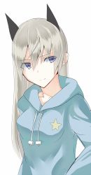 Rule 34 | 1girl, animal ears, blonde hair, blue eyes, breasts, casual, eila ilmatar juutilainen, female focus, hood, hoodie, long hair, official alternate costume, smile, solo, strike witches, umeo retto, white background, world witches series