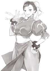 Rule 34 | 1girl, bracelet, capcom, china dress, chinese clothes, chun-li, clenched hand, conto, double bun, dress, earrings, eyelashes, greyscale, hair bun, hand on own hip, highres, jewelry, monochrome, obi, pantyhose, pelvic curtain, puffy short sleeves, puffy sleeves, sash, short sleeves, spiked bracelet, spikes, street fighter, street fighter ii (series), thighs, v