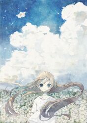 Rule 34 | 1girl, blonde hair, blue eyes, closed mouth, cloud, commentary request, day, dot nose, field, floating hair, flower, flower field, highres, long hair, looking at viewer, original, oseto (oxxsexxto), outdoors, shirt, short sleeves, sky, solo, straight-on, t-shirt, tears, very long hair, white flower, white shirt, wind