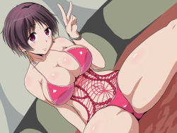Rule 34 | 10s, 1girl, bangle, bracelet, breasts, brown hair, chuunibyou demo koi ga shitai!, dutch angle, earrings, facing viewer, gorgonzola (paradisegom), indoors, jewelry, large breasts, lingerie, looking at viewer, mole, mole on breast, one-piece swimsuit, pink one-piece swimsuit, purple eyes, short hair, sitting, skindentation, smile, solo, spread legs, sweat, swimsuit, tsuyuri kumin, underwear, v