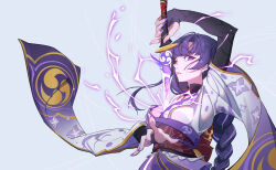 Rule 34 | 1girl, absurdres, arm up, blunt bangs, breasts, bridal gauntlets, electricity, genshin impact, grey background, hand up, highres, holding, holding sword, holding weapon, human scabbard, japanese clothes, kimono, long hair, looking at viewer, looking to the side, low-braided long hair, low-tied long hair, medium breasts, mitsudomoe (shape), musou isshin (genshin impact), neck ribbon, obi, obiage, obijime, parted lips, purple eyes, purple hair, purple kimono, purple nails, raiden shogun, ribbon, sash, sidelocks, simple background, solo, ssssolagu, sword, tomoe (symbol), upper body, weapon, wide sleeves