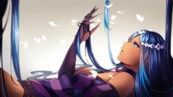 Rule 34 | 1girl, amulet, blue eyes, blue hair, breasts, bug, butterfly, claw ring, claws, cleavage, collar, commentary, dark-skinned female, dark skin, dress, frilled collar, frills, from side, glowing butterfly, gradient background, hand up, highres, insect, long hair, looking up, lying, medium breasts, merli (vocaloid), on back, parted lips, purple dress, short shorts, shorts, solo, tan, upper body, very long hair, vocaloid, yen-mi