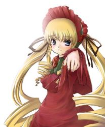 Rule 34 | 00s, 1girl, blonde hair, blue eyes, bonnet, bow, dress, flower, frills, green bow, long hair, looking at viewer, lowres, outstretched hand, red dress, red flower, red rose, rose, rozen maiden, shinku, simple background, smile, solo, twintails, white background