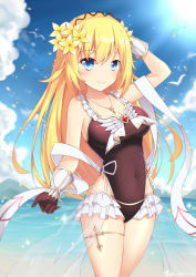 Rule 34 | 1girl, absurdres, black gloves, black one-piece swimsuit, blonde hair, bloodline, blue eyes, blue sky, breasts, casual one-piece swimsuit, cleavage, covered navel, cowboy shot, day, floating hair, flower, gloves, hair between eyes, hair flower, hair ornament, hairband, highres, long hair, looking at viewer, medium breasts, ocean, one-piece swimsuit, outdoors, poinia, ribbon, sky, smile, solo, standing, sunlight, swimsuit, thighlet, very long hair, white ribbon, yellow flower