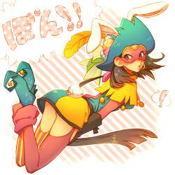 ! 1girl animal_ears black_hair blue_hat clopin earrings egg_hair_ornament eye_mask food-themed_hair_ornament full_body garter_straps genderswap genderswap_(mtf) gypsy hair_ornament hat jester_costume jewelry kiri_futoshi pointy_footwear rabbit_ears rabbit_tail single_earring solo speech_bubble spoken_exclamation_mark striped_background tail the_hunchback_of_notre_dame thighhighs translation_request