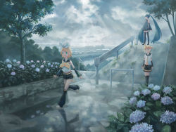 Rule 34 | 1boy, 2girls, :o, aqua hair, brother and sister, building, cityscape, cloud, day, flower, garden, gloom (expression), hatsune miku, hydrangea, isou nagi, kagamine len, kagamine rin, landscape, light, long hair, multiple girls, rain, reflection, road, scenery, siblings, skirt, sky, tree, twins, twintails, vocaloid, water