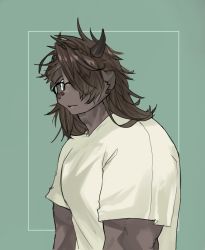 Rule 34 | animal ears, catoblepas (housamo), dark-skinned male, dark skin, furry, furry male, gao (gao 53937056), glasses, green background, green eyes, highres, horns, long hair, looking at viewer, male focus, messy hair, muscular, muscular male, shirt, solo, tokyo houkago summoners, white shirt