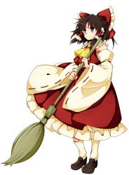 Rule 34 | 1girl, armpits, ascot, baba (baba seimaijo), bow, broom, brown hair, commentary request, detached sleeves, frills, full body, hair bow, hair tubes, hakurei reimu, highres, loafers, medium hair, red bow, ribbon-trimmed sleeves, ribbon trim, shoes, solo, touhou, white background, wide sleeves