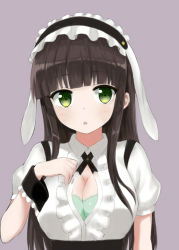Rule 34 | 1girl, :o, alternate costume, animal ears, blush, bolo tie, bra, breasts, brown hair, cleavage, collared shirt, commentary request, fake animal ears, fleur de lapin uniform, floppy ears, frilled cuffs, frilled shirt, frills, gochuumon wa usagi desu ka?, green bra, green eyes, highres, large breasts, long hair, looking at viewer, maid headdress, parted lips, partially unbuttoned, puffy short sleeves, puffy sleeves, purple background, rabbit ears, shirt, short sleeves, sidelocks, simple background, solo, ujimatsu chiya, underbust, underwear, upper body, white shirt, wing collar, wrist cuffs, xingnai