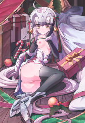 Rule 34 | 1girl, absurdly long hair, ahoge, anus, ass, bell, black gloves, black thighhighs, boots, bow, breasts, candy, candy cane, censored, collarbone, elbow gloves, fate/grand order, fate (series), female focus, floor, food, gift, gloves, hair bow, hair ribbon, headpiece, high heel boots, high heels, highres, indoors, jeanne d&#039;arc (fate), jeanne d&#039;arc alter (fate), jeanne d&#039;arc alter santa lily (fate), long hair, looking at viewer, lying, mistletoe, mosaic censoring, nipples, no bra, no panties, on floor, on side, pussy, ribbon, shiny clothes, small breasts, solo, ten no hoshi, thighhighs, very long hair, wooden floor