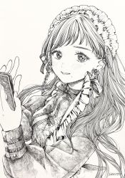 Rule 34 | 1girl, beige background, bow, braid, cellphone, crescent, earrings, fingernails, frills, greyscale, hatching (texture), highres, holding, holding phone, jewelry, long hair, looking at viewer, maid, maid headdress, mole, mole under eye, mole under mouth, monochrome, original, parted lips, phone, roroichi, signature, simple background, smile, solo, star (symbol), upper body, white background