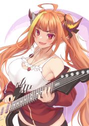 Rule 34 | 1girl, absurdres, ahoge, bare shoulders, black ribbon, black thighhighs, blonde hair, blunt bangs, blush, bow, breasts, bright pupils, camisole, cleavage, cleavage cutout, clothing cutout, collarbone, commentary, cowboy shot, diagonal-striped bow, dragon girl, dragon horns, dragon tail, electric guitar, english commentary, fang, frilled camisole, frills, guitar, hair ribbon, highres, holding, holding instrument, hololive, horn bow, horn ornament, horns, instrument, jacket, jewelry, kiryu coco, kiryu coco (loungewear), large breasts, long hair, long sleeves, looking at viewer, multicolored eyes, multicolored hair, music, off shoulder, open clothes, open jacket, open mouth, orange hair, partially unzipped, pendant, playing instrument, pointy ears, purple eyes, red eyes, red jacket, ribbon, sidelocks, simple background, skin fang, solo, spaghetti strap, standing, streaked hair, striped, striped bow, tail, thighhighs, track jacket, twintails, very long hair, virtual youtuber, white background, white camisole, white pupils, zeolch