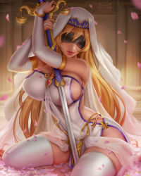 Rule 34 | 1girl, artist name, balance scale, bare shoulders, black blindfold, blindfold, blonde hair, blurry, blurry background, breasts, bridal gauntlets, commentary, depth of field, dress, english commentary, falling petals, gloves, goblin slayer!, holding, holding sword, holding weapon, indoors, jewelry, kittew, kneeling, large breasts, leaf, long hair, narrow waist, no bra, pelvic curtain, petals, revealing clothes, sideboob, sitting, smile, solo, strapless, strapless dress, sword, sword maiden, thighhighs, wariza, weapon, weighing scale, white dress, white gloves, white thighhighs