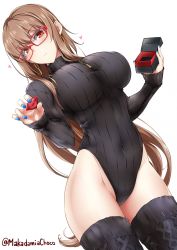 Rule 34 | 1girl, absurdres, black thighhighs, blue nails, breasts, brown hair, commentary request, cowboy shot, ear piercing, earrings, glasses, groin, heattech leotard, highleg, highleg leotard, highres, holding, hoop earrings, jewelry, large breasts, leotard, lindoh flores, long hair, long sleeves, looking at viewer, meme attire, nail polish, original, parted lips, piercing, red-eyes macadamiachoco, red-framed eyewear, red eyes, ribbed leotard, ribbed sweater, simple background, solo, sweater, thighhighs, thighs, turtleneck, turtleneck sweater, twitter username, very long hair, white background