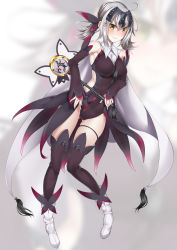 Rule 34 | 1girl, absurdres, ahoge, alternate costume, alternate hairstyle, armpit peek, bare shoulders, between breasts, black ribbon, blurry, blurry background, blush, boots, breasts, brown dress, brown thighhighs, cape, clenched teeth, commentary request, cosplay, detached sleeves, dress, embarrassed, fate/grand order, fate/kaleid liner prisma illya, fate (series), full body, gluteal fold, grey cape, hair between eyes, hair ribbon, headpiece, highres, holding, holding wand, jeanne d&#039;arc (fate), jeanne d&#039;arc (ruler) (fate), jeanne d&#039;arc alter (avenger) (fate), jeanne d&#039;arc alter (fate), large breasts, looking at viewer, magical girl, magical sapphire, miyu edelfelt, miyu edelfelt (cosplay), ribbon, short hair, sidelocks, silver hair, skindentation, solo, standing, tassel, teeth, thigh strap, thighhighs, twintails, wand, watosu (watosu mama), white footwear, yellow eyes, zoom layer