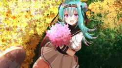 Rule 34 | 1girl, :d, anchor symbol, black bow, blue hair, blush, bouquet, bow, brown hairband, brown sailor collar, clothes writing, commentary request, copyright request, double bun, flower, hair between eyes, hair bow, hair bun, hairband, head tilt, highres, holding, holding bouquet, long hair, looking at viewer, open mouth, pink flower, puffy short sleeves, puffy sleeves, purple eyes, sailor collar, school uniform, serafuku, shibakame, shirt, short sleeves, side bun, skirt, smile, solo, very long hair, white shirt, white skirt, yellow flower